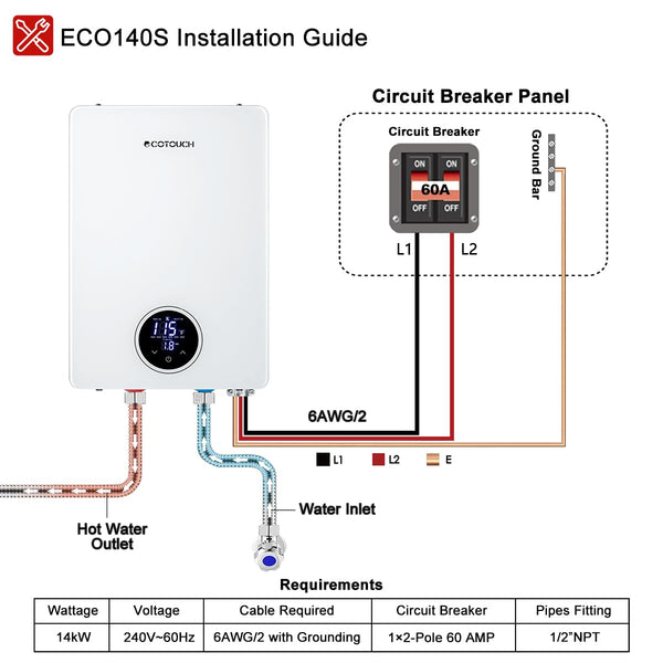 Tankless Water Heater Electric, ECOTOUCH 14kW 240V on Demand Electric Water Heater Instant Hot Water Heater Under Sink Point of Use with Self-Modulating ECO140S White ETL Certificated