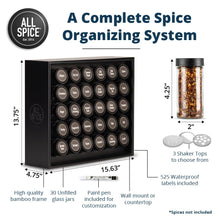 AllSpice Wood Spice Rack, 525 Unique Labels, Countertop or Wall Mount, Includes 30 4oz Jars- Matte Black