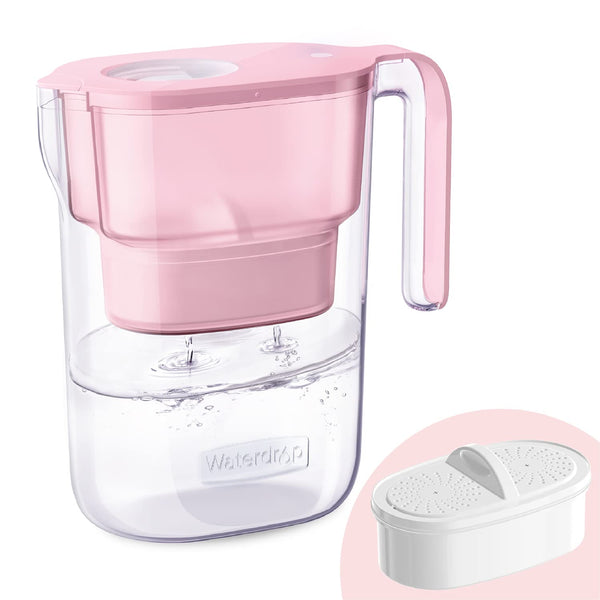 Waterdrop Water Filter Pitcher with 1 Filter, 5X Times Lifetime, Lasts 200 Gallons, for Fridge, Countertop and Gift, Reduces PFOA/PFOS, Chlorine, 7-Cup Capacity, Elfin, Pink