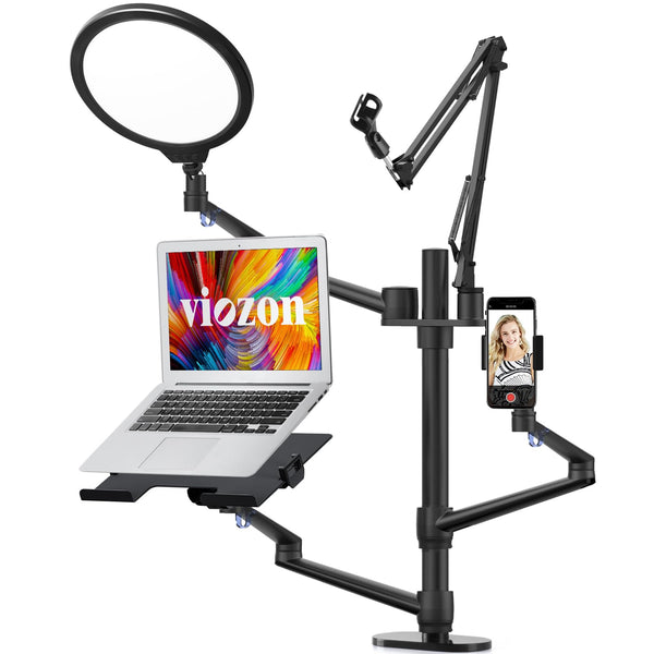 Viozon Selfie Desktop Live Stand Set 6-in-1 10" LED Ring Light Microphone Mount compatible with 12-17" laptop/17-32'' monitor/7-13 Tablet/3.5-6.7" Phone/Digital Camera DSLR Online Teaching Meeting