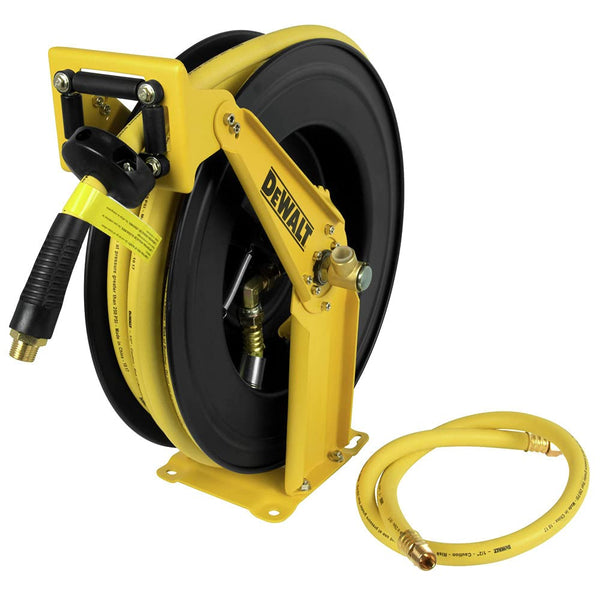 DEWALT Auto Retracting Air Hose Reel, 1/2 in. x 50' Premium Rubber Hose with 4' Lead, Self Leveling Design for Air Compressor, Ideal for Home Improvement Projects, Durable Hose Reel