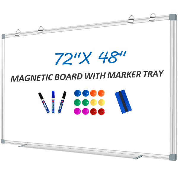 White Board Dry Erase Whiteboard for Wall 72" x 48" Aluminum Presentation Magnetic Whiteboards with 4 Hooks, 12 Magnets, 3 Markers & 1 Eraser