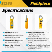 Fieldpiece Compact HVACR Clamp Multimeter SC260 – True RMS Clamp Meter with Temperature, Capacitance & Backlight