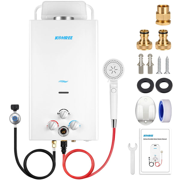 Kohree Tankless Water Heater Propane, 10L 2.64 GPM Portable Tankless Water Heater with Handle, On Demand Instant Hot Water Heater with Overheating Protection, for RV Camping, Pool, Barn & Cabin, White