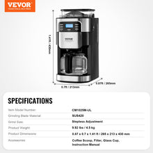 VEVOR Coffee Maker with Grinder, 12 Cup Coffee Machine, Grind and Brew Coffee Maker with 3 Brew Strength Control, 24-Hour Timer for Auto Brew, for Home Office Restaurant