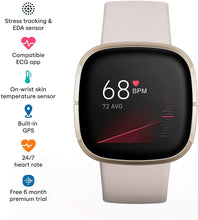 Fitbit Sense Health & Fitness Smartwatch W/GPS, Bluetooth Call/Text, Heart Rate SpO2, ECG, Skin Temperature & Stress Sensing (S & L Bands, 90 Day Premium Included) International Version (White/Gold)