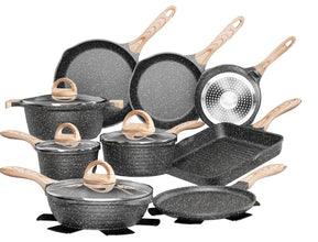 JEETEE Pots and Pans Set Nonstick 23pcs, Healthy Kitchen Cookware Sets, Induction Cooking Set W/Gray Granite Stone Frying Pans, Saucepans, Sauté Pan, Griddle Pan & Crepe Pan (PFOA Free)