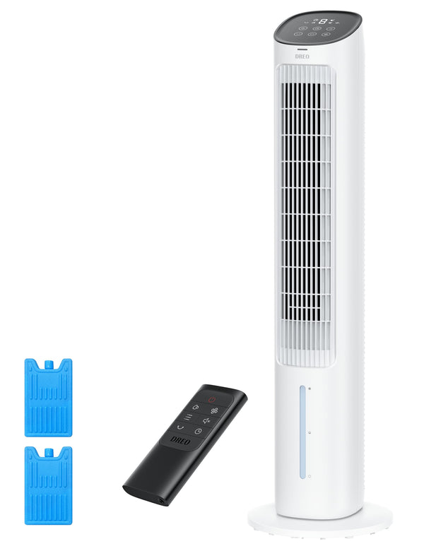 Dreo Evaporative Air Swamp Cooler, 40” Standing Fans that Blow Cold Air, 80° Oscillating Bladeless Cooling Fan for Bedroom, Removable Water Tank, Ice Packs, Remote Control, 4 Speeds, 7H Timer, White