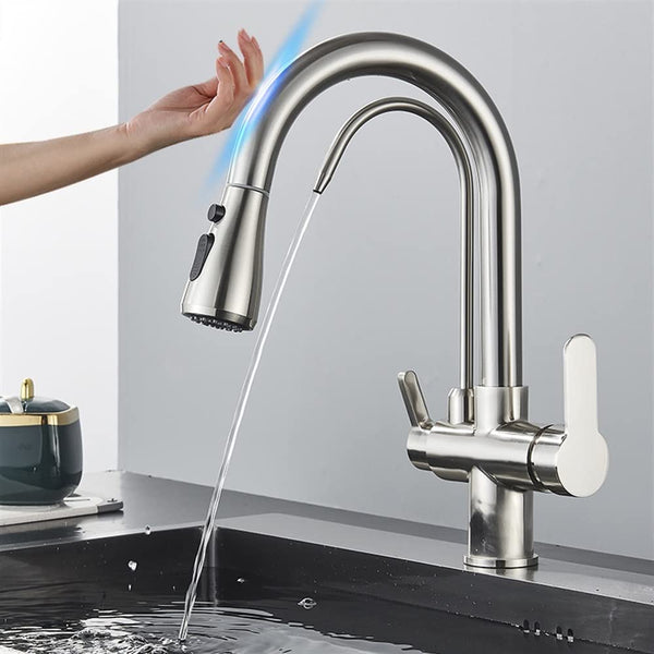 LIBANGRSE Kitchen Faucet Kitchen Faucet with Dual Handle, Filtered Water, and Hot/Cold Mixer - Smart Sensor, Deck Mounted with 2 Spout Taps for Pure Water and Washing(Brush Nickel)