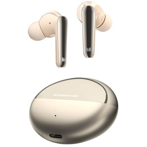 Monster N-Lite 203 AirLinks Wireless Earbuds, Bluetooth 5.3 Hi-Fi Stereo Sound, 30 Hours Playback, Type-C Fast Charging, HD Clear Calls, Touch Control, IPX6 Waterproof in-Ear Headphones (Golden)