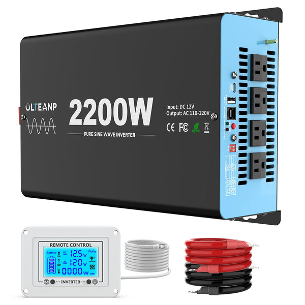 OLTEANP New Upgraded 2200 Watts Pure Sine Wave Inverter, 12V DC to 110V AC Power Inverter with 4 AC Outlets, USB Port, Type-C Port for Truck, Vehicle, Power Outage, Remote Control with LCD Screen