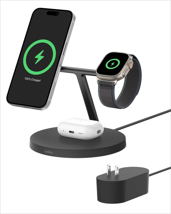 Belkin MagSafe-Compatible Charger, 3-in-1 Wireless Charging Station, Qi2-Certified 15W Wireless Charger for Apple iPhone 16 Series, Apple Watch, AirPods w/Non-Slip Base, 40W Charger Included - Black