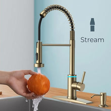 VIDEC Smart Kitchen Faucet, 3 Modes Pull Down Sprayer, Smart Touch On Sensor Activated, LED Temperature Control, 360-Degree Rotation, 1 or 3 Hole Deck Plate. (KW-66J, Brushed Gold, 17.90 Inches)