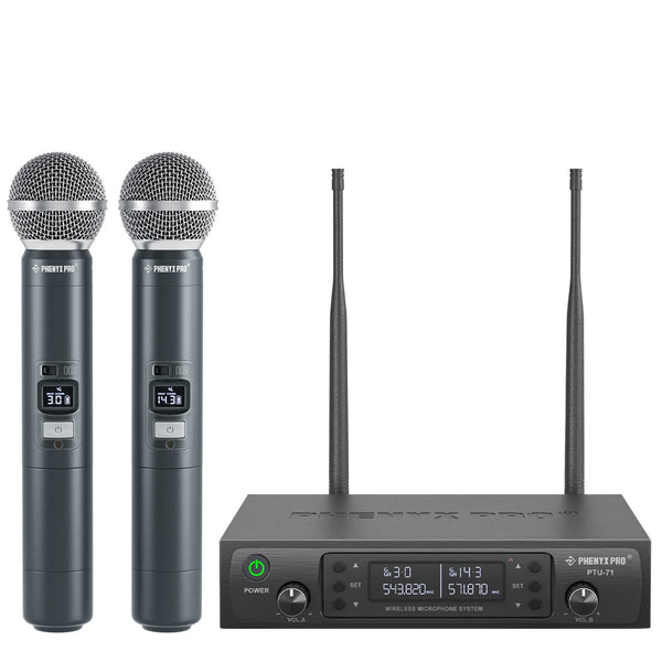 Phenyx Pro Wireless Microphone System, Dual Wireless Mics,w/ 2 Handhelds, Auto Scan,2x100 UHF Frequencies,328ft Range,Dynamic Microphone for Singing, Karaoke, Church(PTU-71-2H)