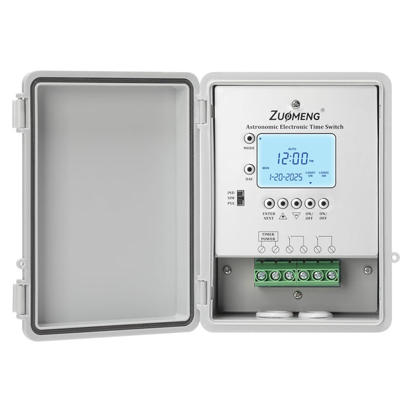 Zuomeng 2-Circuit 30Amp Astronomic Electronic Time Switch, Automated Weekly Scheduling, to-The-Minute Programming, Built-in Rechargeable Lithium Battery, IP65 Waterproof, Supports 120-277 VAC