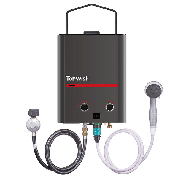 TOPWISH Portable Propane Water Heater, 5L 1.45 GPM Outdoor Tankless Water Heater with Handle for RV, Camping, Barns, Trips Boat Cabins, Black