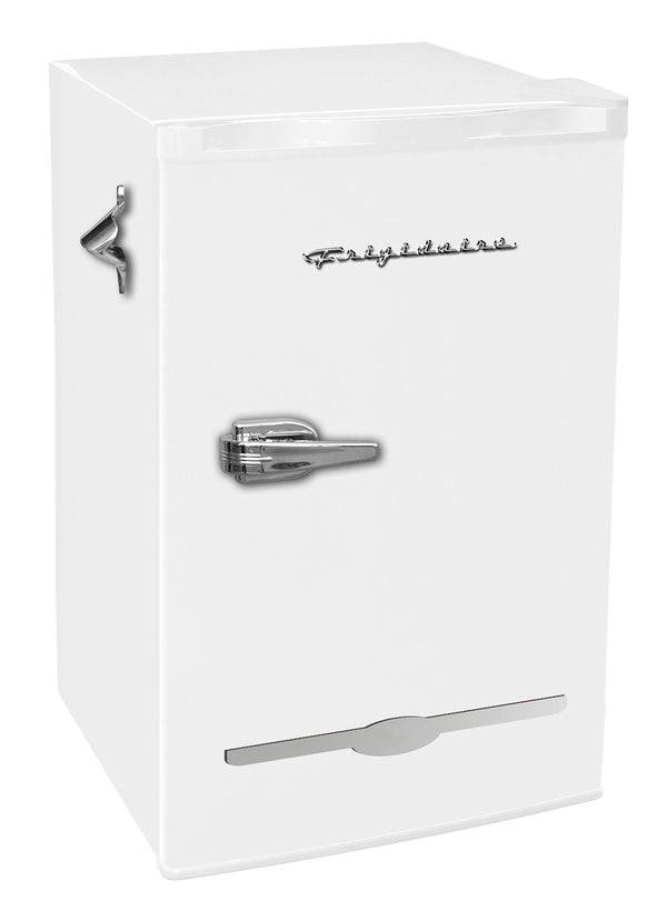 Frigidaire Retro Compact Fridge with Chiller, 3.2 cu ft Countertop Fridge with Built-In Bottle Opener, Compact Refrigerator for Office, Bedroom, Dorm Room or Cabin - 16.5" D x 19" W x 31" H (White)