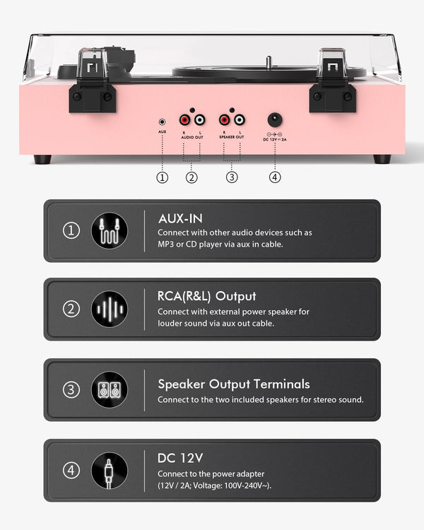 Vinyl Record Player with External Speakers, Wireless Bluetooth 3 Speed Vintage Record Player and Speakers Retro Turntable with Stereo Speakers, RCA-Out and AUX-in,Pink