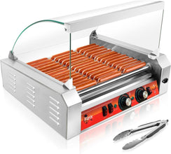 1670W Commercial Hot Dog Rollers,11 Rollers 30 Hotdog Roller Grill,Stainless Steel Hot Dog Machine With Dust Cover,Hot Dog Roller Machine With Dual Temp Control And Led Light/Detachable Drip Tray