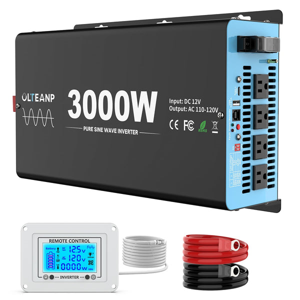 OLTEANP New Upgraded 3000 Watts Pure Sine Wave Inverter, 12V DC to 110V AC Power Inverter with 4 AC Outlets, USB Port, Type-C Port for Truck, Vehicle, Power Outage, Remote Control with LCD Screen