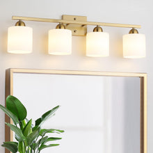 Mecgirn Stainless Steel Milk Glass Bathroom Vanity Light Over Mirror, 4 Light Brushed Gold Bathroom Light Fixtures with Frosted Glass, Modern Vanity Lighting Wall Mount