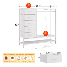 Dresser for Bedroom, Dresser with Hanging Rack Led Lights and Charging Station, White Bedroom Dresser with 5 Fabric Chest of Drawers with PU Finish Storage Organizer, for Living Room Kids Room, White