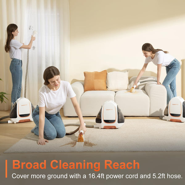 uwant Portable Carpet & Upholstery Cleaner Machine, 12Kpa Powerful Suction Small Handheld Cleaner, Carpet Shampooer for Rug, Couch, Furniture, Pet Stains, Car, Auto Detailer, B100, White and Orange