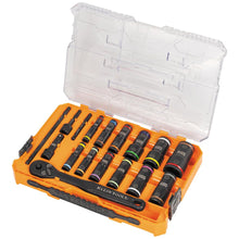 Klein Tools 65626 KNECT Deep Well Impact Socket Set, 3/8-Inch Drive Ratchet, 24 SAE and Metric Flip Socket Sizes, MODbox Case, 18-Piece