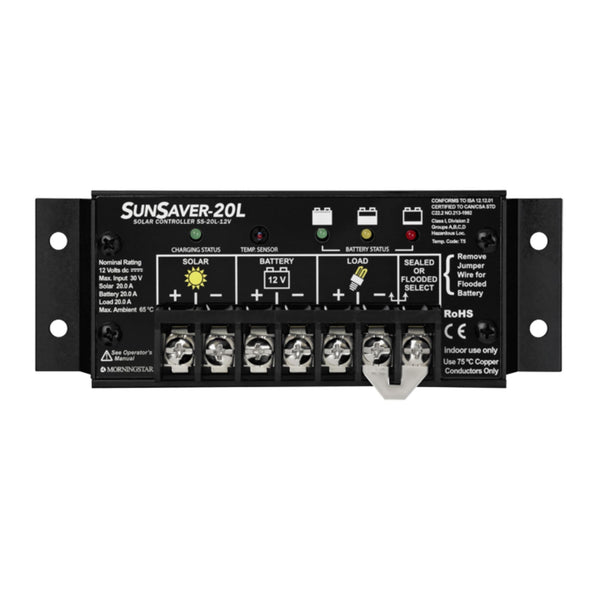 Morningstar SunSaver 20A PWM Solar Charge Controller (SS-20L-12V) - Solar Panel Regulator for 12V Batteries, Four Stage Battery Charging, LVD, HazLoc Rated, Low Noise, 5 Year WTY - Designed in the USA