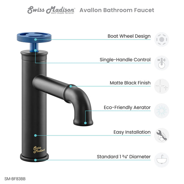 Swiss Madison Well Made Forever Avallon Single Hole, Single-Handle Wheel, Bathroom Faucet in Matte Black with Blue Handle