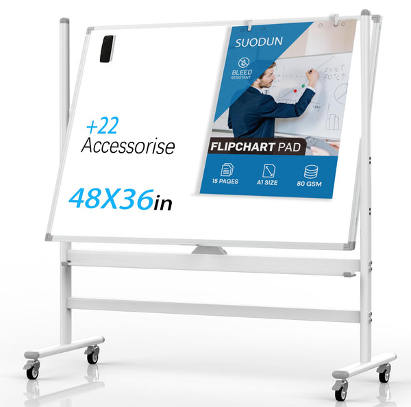 SUODUN Mobile Whiteboard,Rolling Dry Erase Board 48 x 36, Height Adjust Double Sides White Board on Wheels, Dry Erase Board Easel with Stand for Office, Home & Classroom