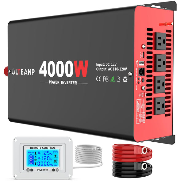 OLTEANP 4000 Watt Power Inverter 12V DC to 110V AC Car Inverter with 4 AC Outlets, 30W Type-C Port, 3.1A USB Port, Remote Controller on LCD Screen, Peak 8000W Car Converter for Truck,Vehicles,Trip