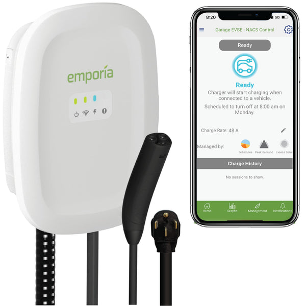 EMPORIA Level 2 EV Charger - NEMA 14-50 EVSE w/NACS, Compatible with Tesla - 48 amp EV Charger Level 2, 240v Electric Vehicle Charging Station, UL/Energy Star, 24ft Electric Car Charger Cable, White