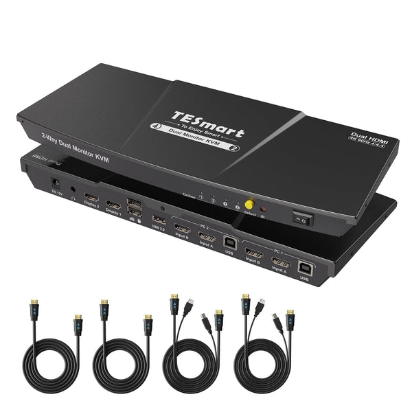 TESmart HDMI KVM Switch 2 Monitors 2 Computers 4K@60Hz, USB 2.0, Dual Monitor KVM Switch HDMI 2 Port Extended Display, EDID emulators, L/R Audio, Hotkey Switch, Button Switch with All Cables