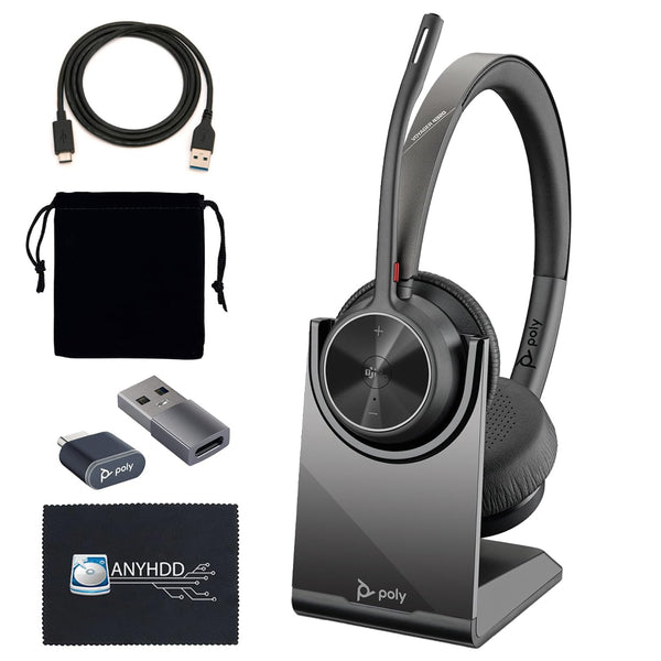 Poly Voyager 4320 UC Wireless Headset & Charge Stand - Stereo Headphones with Noise-Canceling Boom Mic + Charging Station + USB-C to A Adapter + USB C Dongle + USB A-C Cable + Pouch + Microfiber Cloth