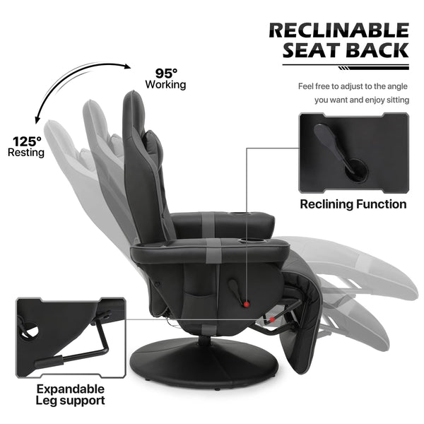 MoNiBloom Massage Video Gaming Recliner Chair Ergonomic High-Back PU Leather Gamer Chair with Neck Support and Footrest, Swivel Game Couch Single Sofa Theater Seating w/Speakers and Cupholders, Grey