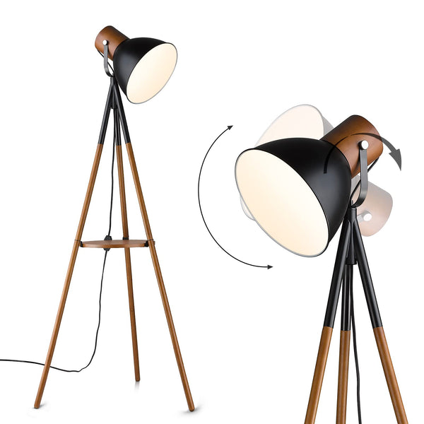 ELYONA Dimmable Tripod Floor Lamp with Table, Wood Standing Lamp with Adjustable Metal Shade, Modern End Table with Reading Light for Livingroom, Bedroom, Office, LED Bulb Included, Black & Brown