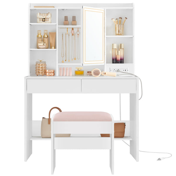 VASAGLE Vanity Desk with Power Outlets, Makeup Vanity with Mirror and Lights, Upholstered Vanity Stool, Dimmable LED Lights, 6 Compartments, 2 Drawers, for Bedroom, Cloud White URDT031W01