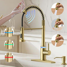 VIDEC Smart Kitchen Faucet, 3 Modes Pull Down Sprayer, Smart Touch On Sensor Activated, LED Temperature Control, 360-Degree Rotation, 1 or 3 Hole Deck Plate. (KW-66J, Brushed Gold, 17.90 Inches)