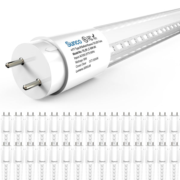 Sunco 30 Pack T8 LED Bulbs 4 Foot, Tube Light Bulbs Ballast Bypass, 48 Inch Fluorescent Replacement, 2200 LM, 18W, 5000K Daylight, Single Ended Power, Type B, Clear Lens UL