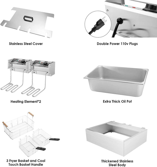 TANGME Commercial Deep Fryer, 3400w Electric Countertop Fryer with 3 Baskets, 22L/23.25Qt 1mm Thickened Stainless Steel Single Oil Fryer with Temperature Limiter for Restaurant, UL Certified