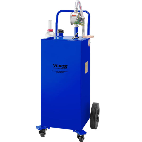 VEVOR 30 Gallon Fuel Caddy, Gas Storage Tank & 4 Wheels, with Manual Transfer Pump, Gasoline Diesel Fuel Container for Cars, Lawn Mowers, ATVs, Boats, More, Blue