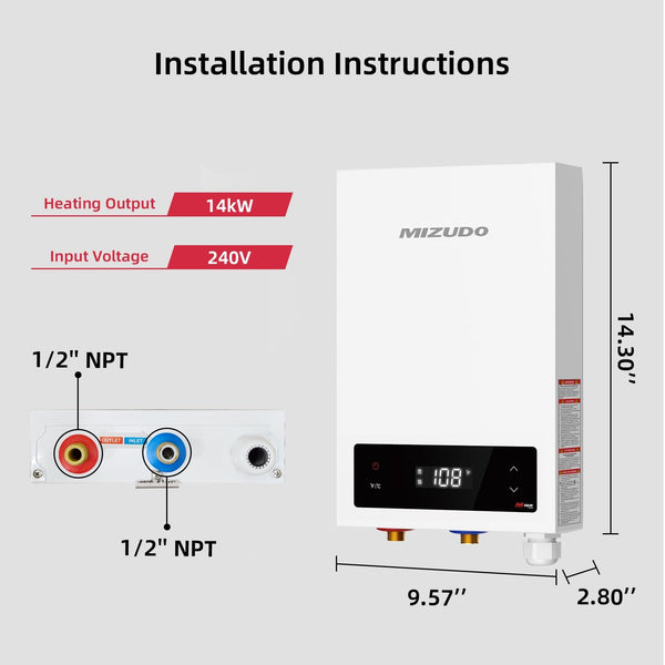 Tankless Water Heater Electric, MIZUDO 14kW Instant Hot Water Heater, Up to 3.4 GPM for 2-3 Point of Use, with LED Digital Display, ETL Certified