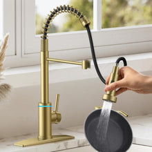 VIDEC Smart Kitchen Faucet, 3 Modes Pull Down Sprayer, Smart Touch On Sensor Activated, LED Temperature Control, 360-Degree Rotation, 1 or 3 Hole Deck Plate. (KW-66J, Brushed Gold, 17.90 Inches)