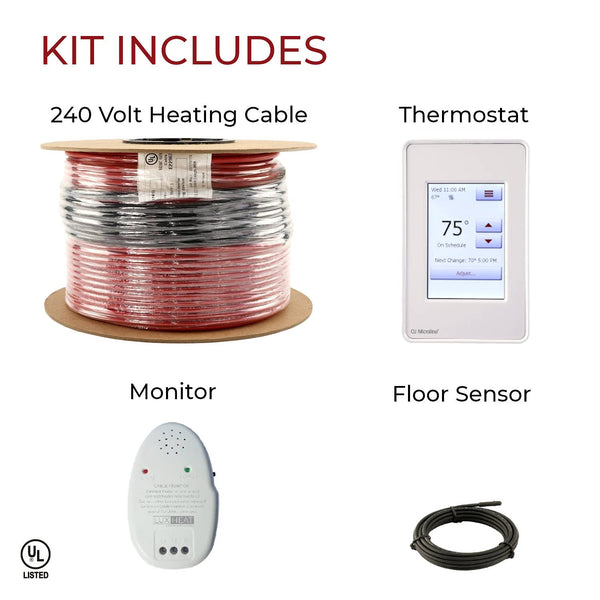 LuxHeat 40sqft Floor Heating Cable Kit - 240v Electric In Floor Heating System for Tile - Heated Flooring System - Includes UDG4 Programmable Thermostat w/GFCI, Heater Cable, Alarm & Flooring Sensor