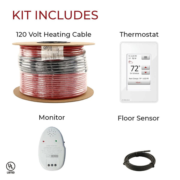 LuxHeat 20sqft Floor Heating Cable Kit - 120v Under Floor Heating System for Tile - Heated Flooring System - Includes UWG4 WiFi Programmable Thermostat w/GFCI, Heated Cable, Alarm & Flooring Sensor