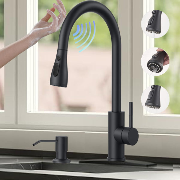 VIDEC Smart Kitchen Faucet, 3 Modes Pull Down Sprayer, Smart Touch On Sensor Activated, Ceramic Disc Valve, 360-Degree Rotation, 1 or 3 Hole Deck Plate. (KW-69R, Brushed Black)