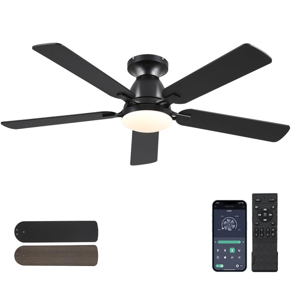 Ceiling Fans with Lights- 52" Low Profile Indoor Ceiling Fan with Light and Remote/APP Control, Flush Mount, LED Dimmable DC Reversible Modern Ceiling Fan for Bedroom（Black）