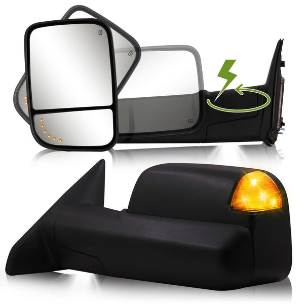 SIZIOM Towing Mirrors Power Folding for 2009-2018 Dodge Ram 1500, 2010-2018 Ram 2500 3500, 2019-2024 1500 Classic Side Mirrors with Heated Turn Signal Light Puddle Lamp Pair Set