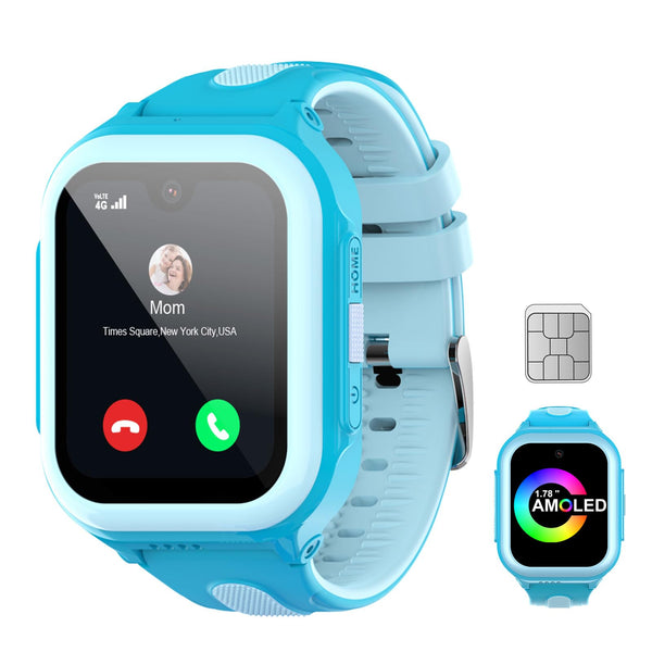 Wonlex 4G GPS Smartwatch for Kids, 1.78" AMOLED Touchscreen Large Phone Watch with SIM Card, Video Calls, Voice Chat, SOS, Camera, Music, Pedometer, Game, Birthday Gift for Girls Boys Ages 8-15(Blue)